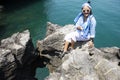 Travelers thai women people travel visit unseen trip at Ao Toa Ba beach and posing portrail take photo with stone sea Ã¢â¬â¹Ã¢â¬â¹heart Royalty Free Stock Photo